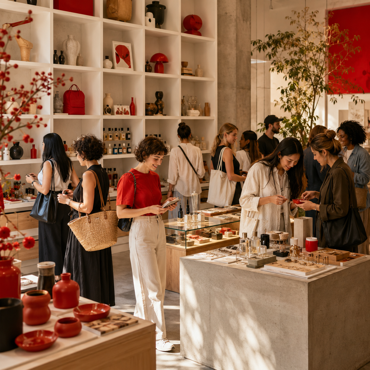 Customers discovering independent products in a curated retail display