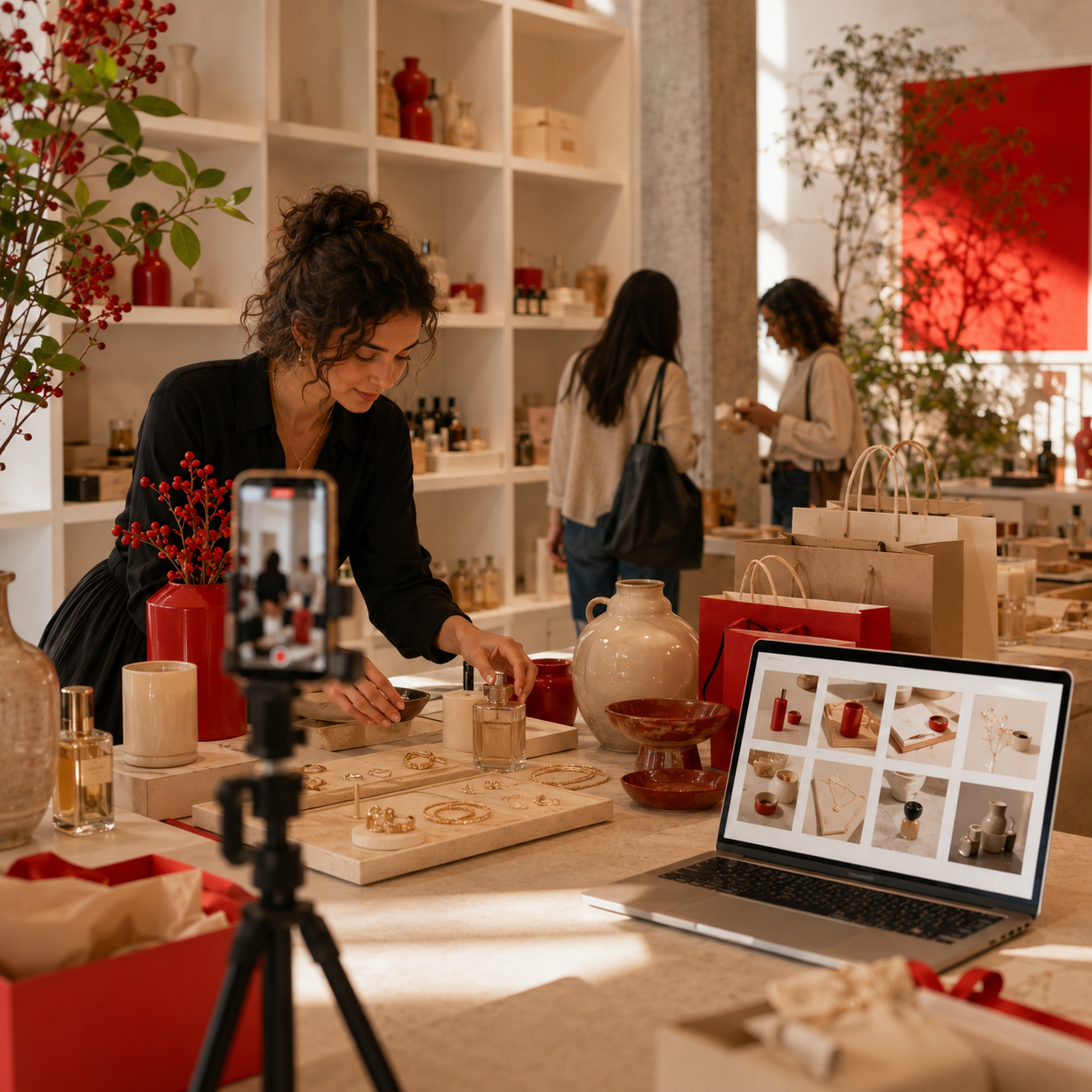 Creative retail team filming product content and preparing a display