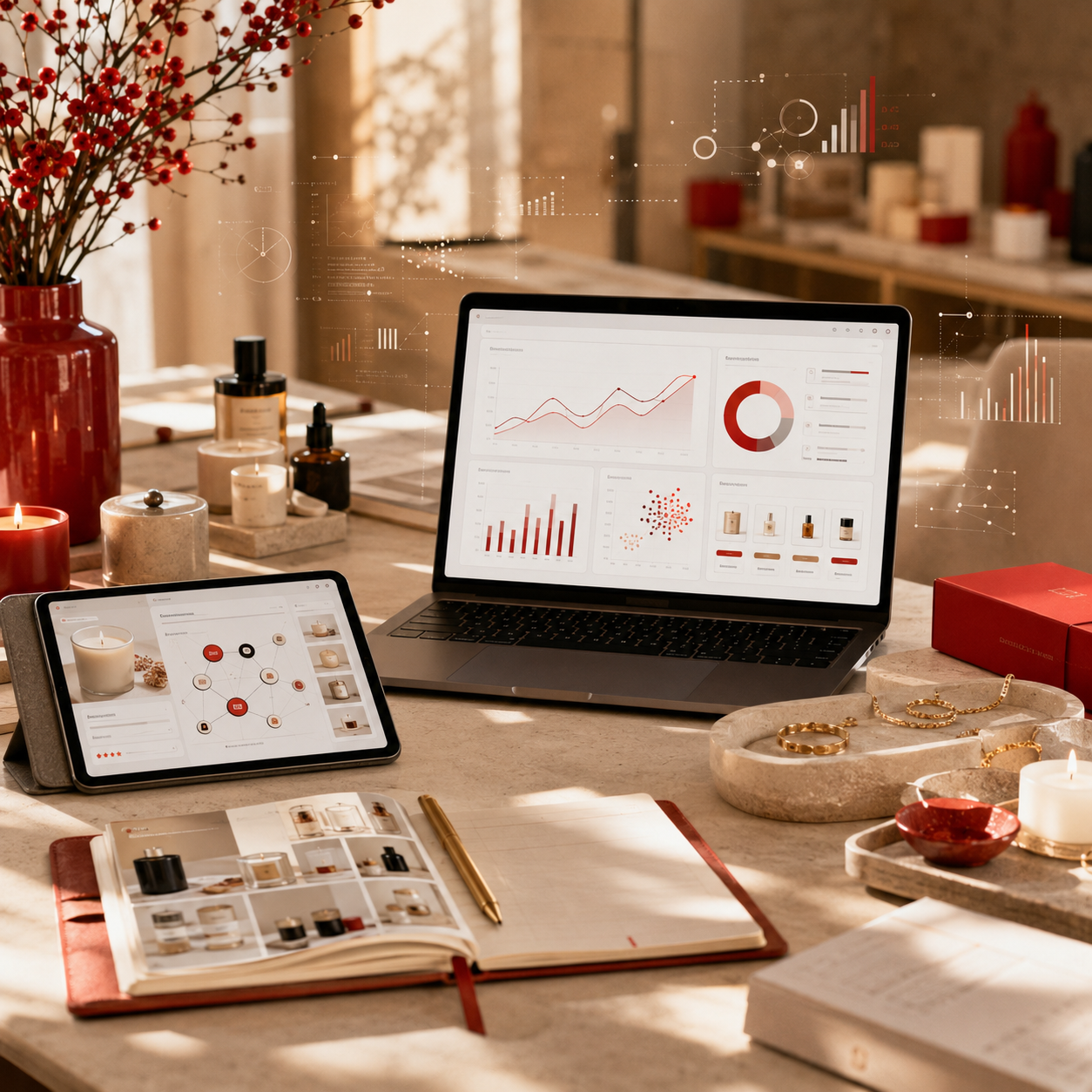 Retail analytics displayed across a laptop and tablet in a creative studio
